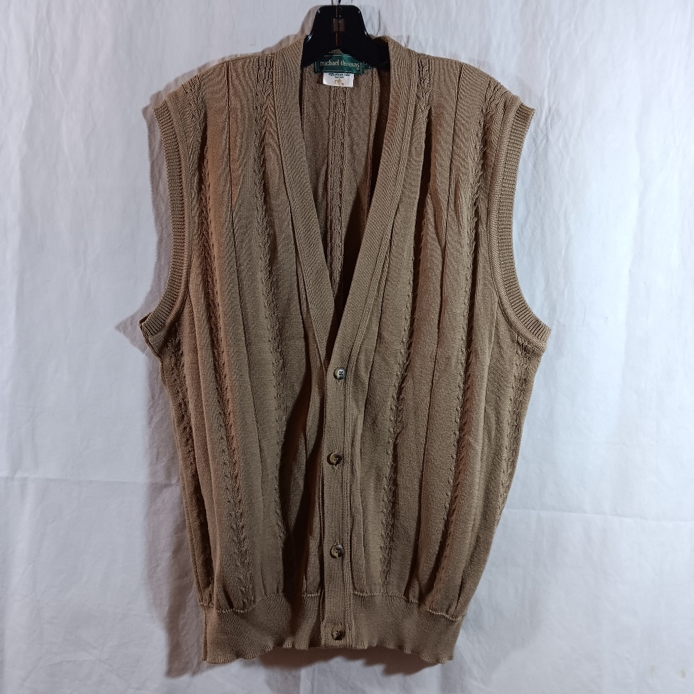Vintage Michael Thomas Mens XL Sweater Vest Button Tan Egyptian Nile Cotton USA